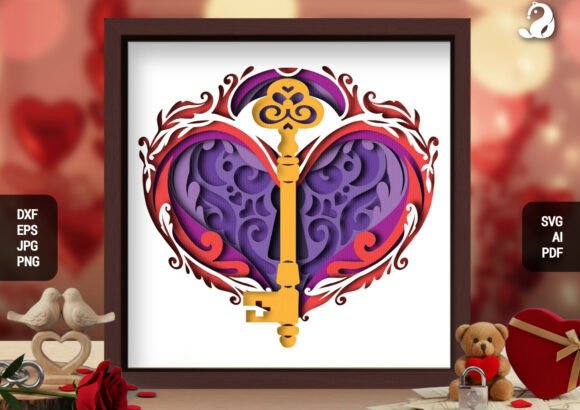 3D Layered Heart Key Shadow Box SVG for Local Business Branding