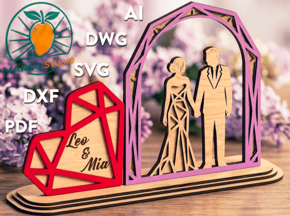 3D Wedding Couple Geometric Heart for Laser Cutting Valentine’s Day Branding