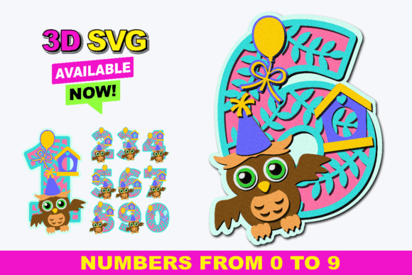 Owl Party Numbers 3D SVG for Crafts and Graphics